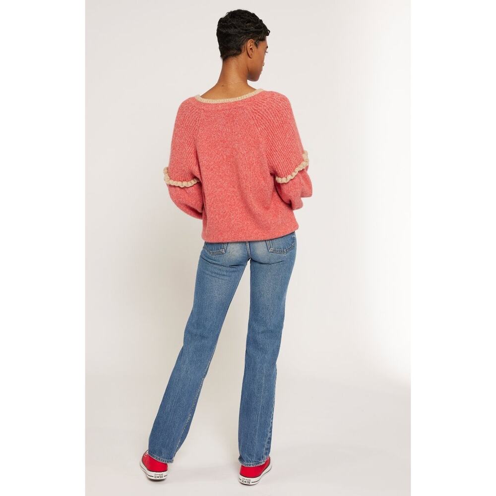 Joie Bodie V Neck Ruffle Sleeve Sweater Size Red Ponciana Cozy Feminine Chic - Picture 9 of 9